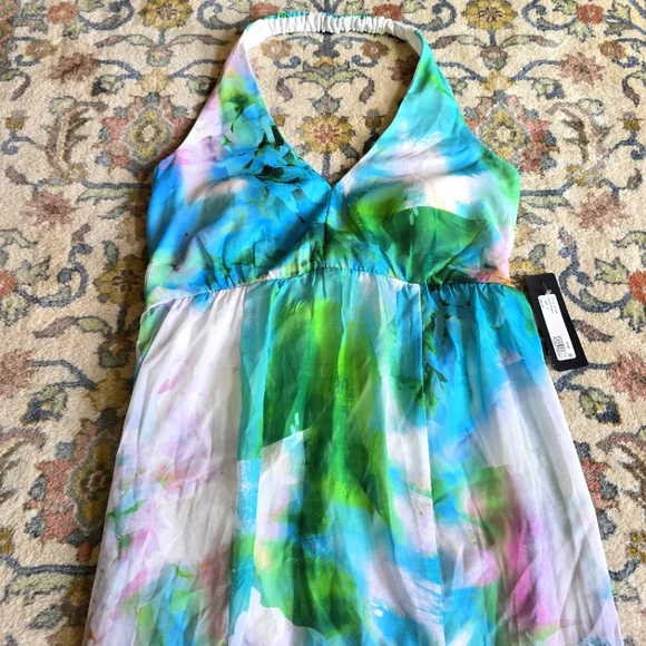 NWT Bebe Blue And Green Floral Chiffon Halter Dress Women's 14 - Picture 2 of 8